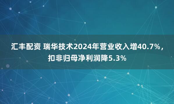 汇丰配资 瑞华技术2024年营业收入增40.7%，扣非归母净利润降5.3%